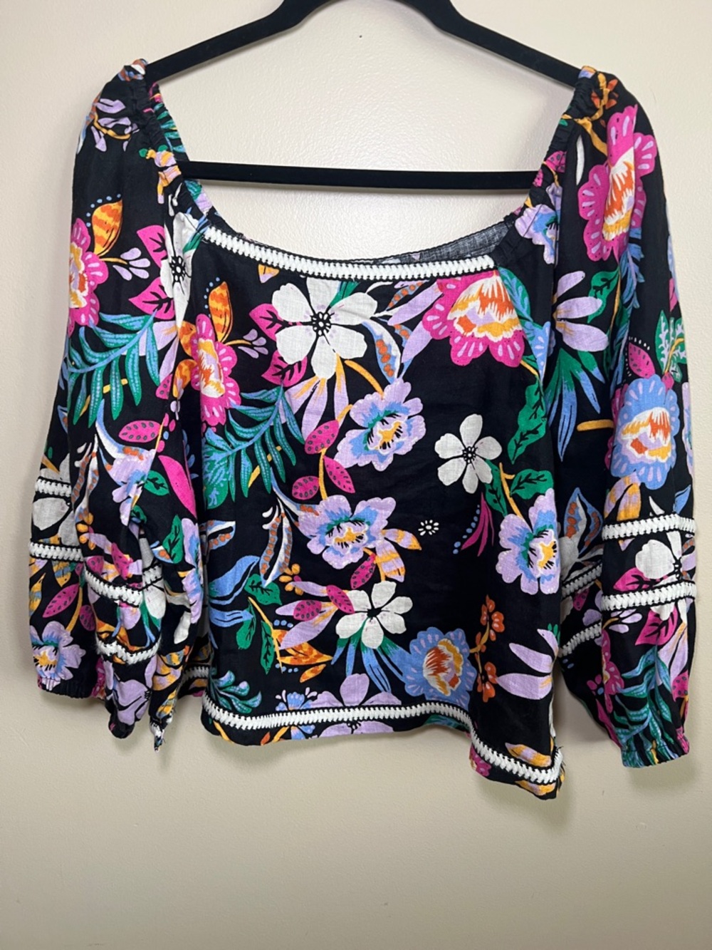 C&C California 100% Linen Floral Balloon Sleeve Cropped Blouse Woman’s XL